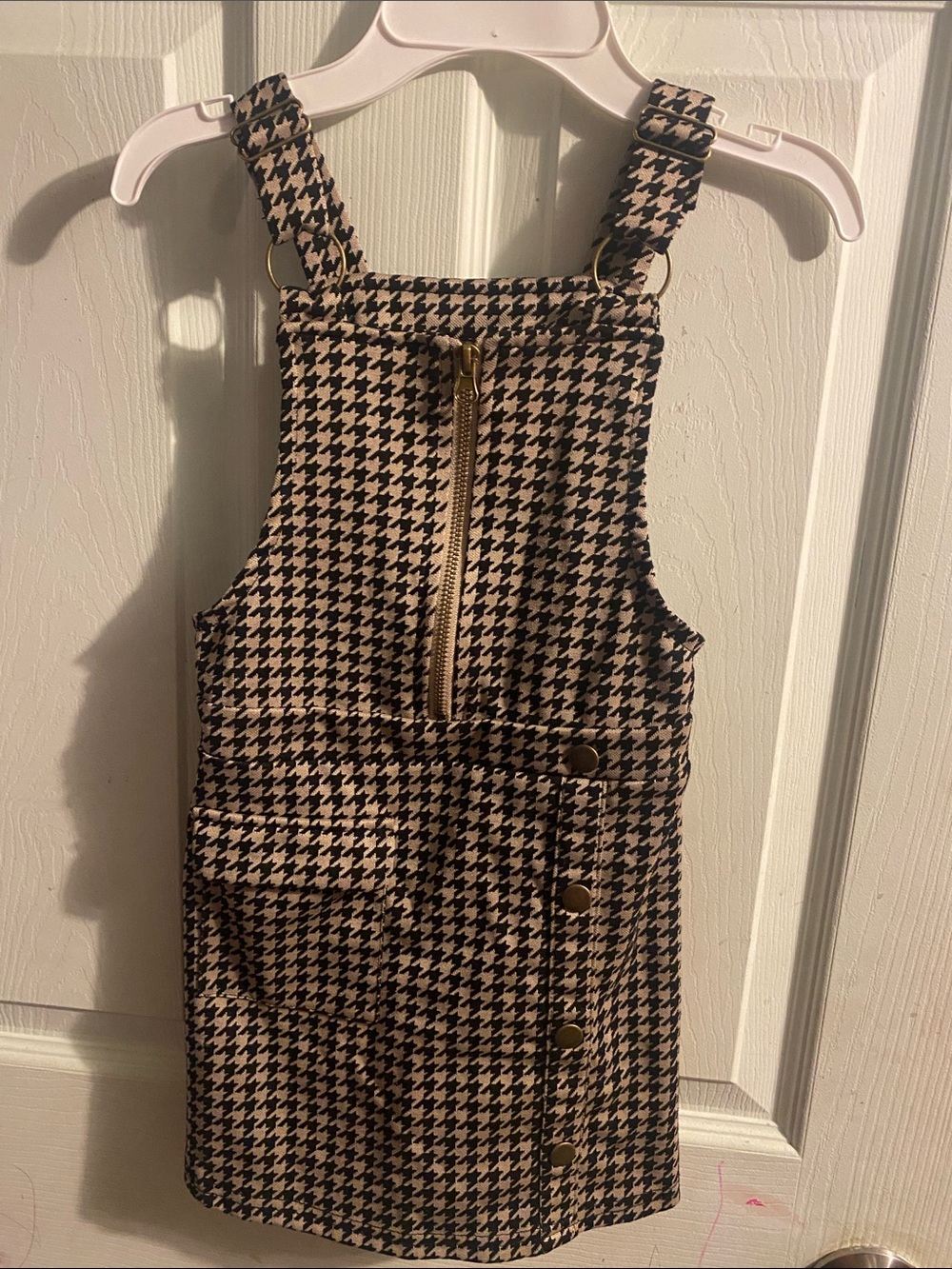 Rachel Zoe Black and Cream Houndstooth Pinafore Dress with Front Zip